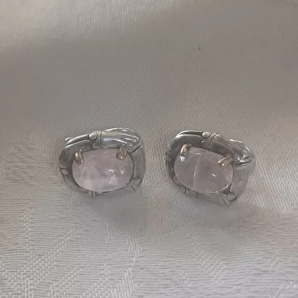 John Hardy Bamboo Rose Quartz Earrings, SS & 18k Gold - Picture 3 of 10